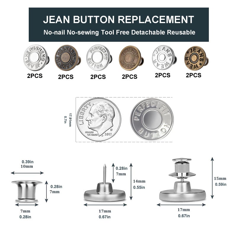ZENGLU 12 Sets Jean Buttons pins No Sew Instant 17mm Replacement Button Adjustable Pants Buttons Kit - Image 2